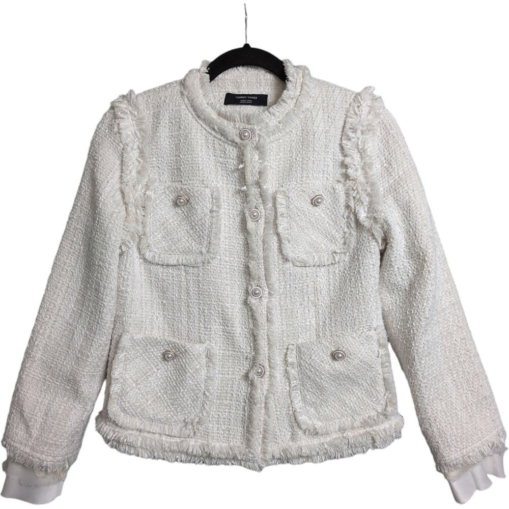 Tammy Tangs White Tweed Frayed Trim Button Front Jacket Long Sleeve Size M